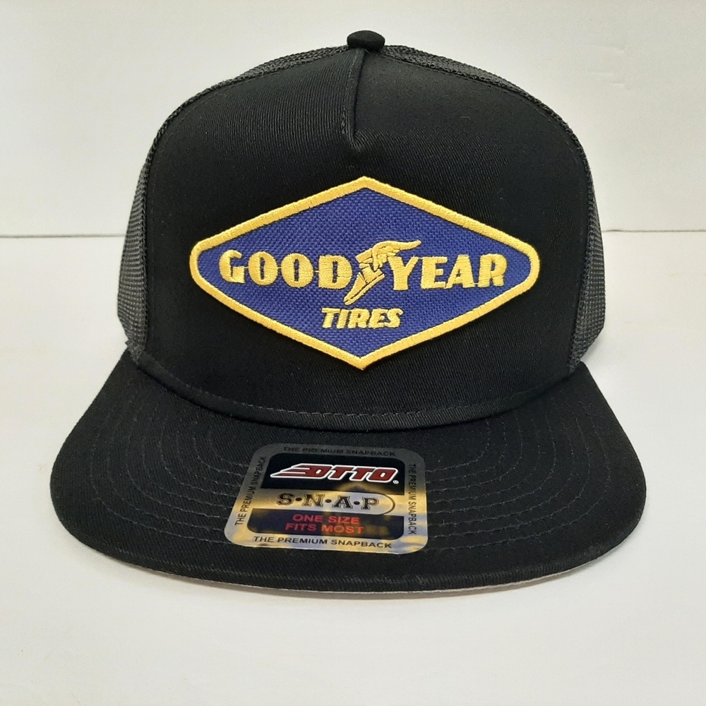 Otto Flat Bill Trucker Mesh Snapback Good Year Patch Hat Cap Black